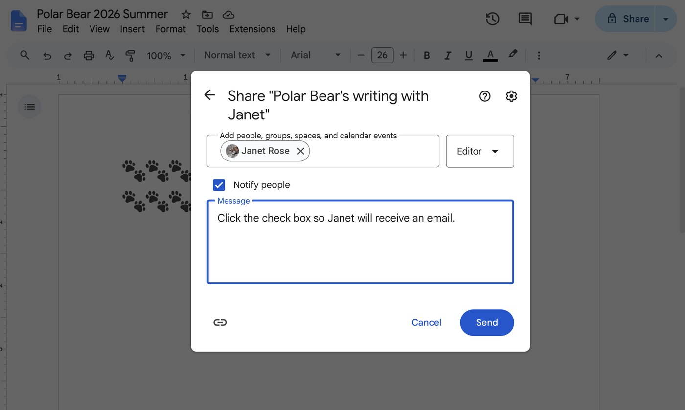 The Google Docs Share dialog with Janet Rose added as an Editor and the Notify people checkbox ticked
